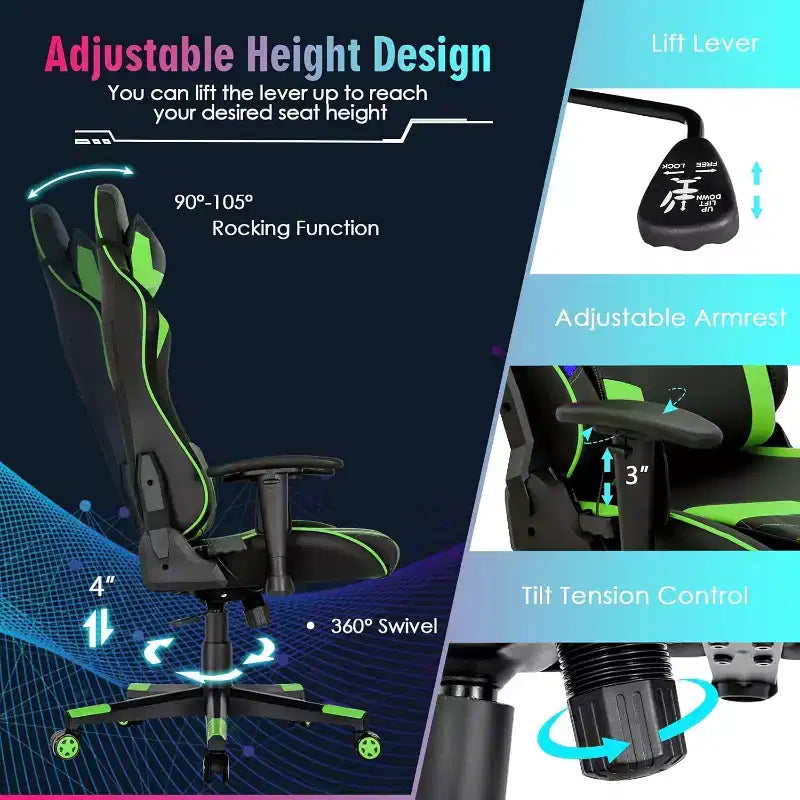 Chaise de jeu Costway pivotante réglable avec lumières LED dynamiques