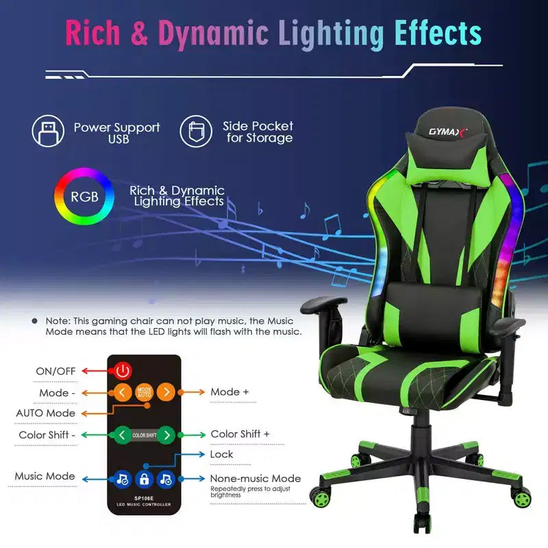 Chaise de jeu Costway pivotante réglable avec lumières LED dynamiques