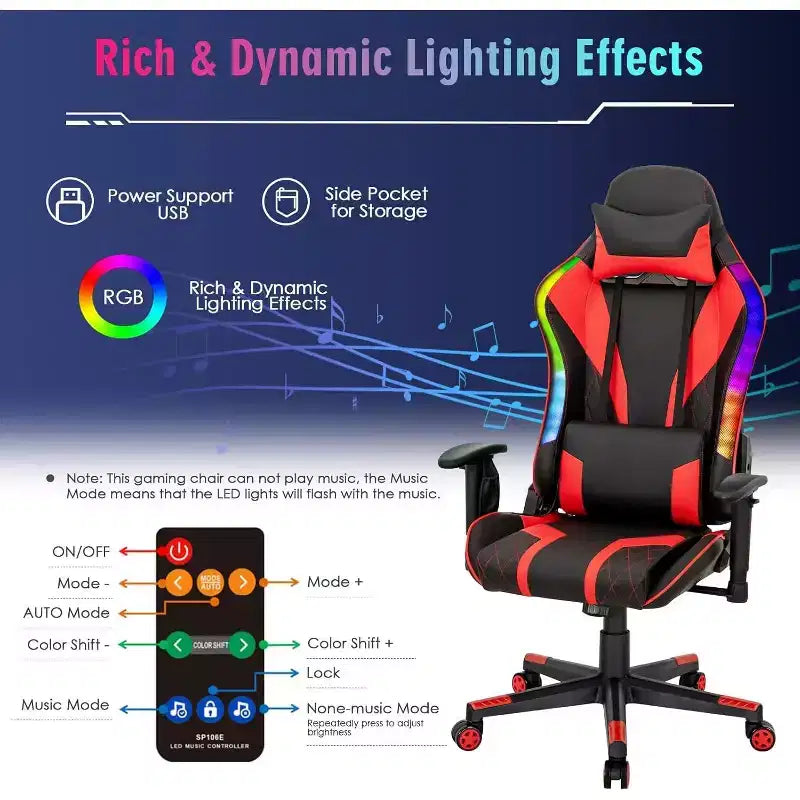 Chaise de jeu Costway pivotante réglable avec lumières LED dynamiques