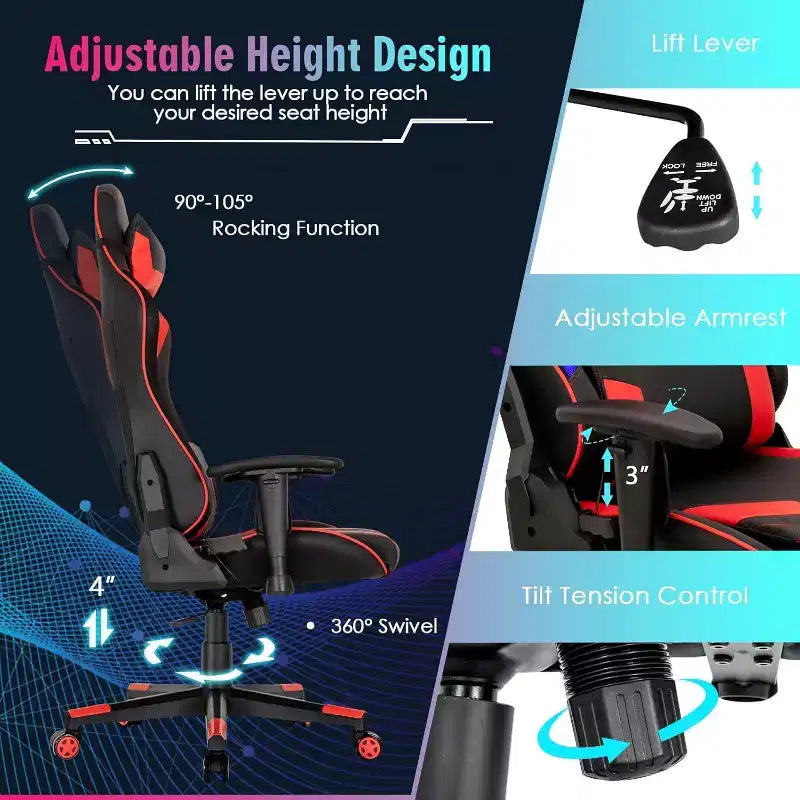 Chaise de jeu Costway pivotante réglable avec lumières LED dynamiques