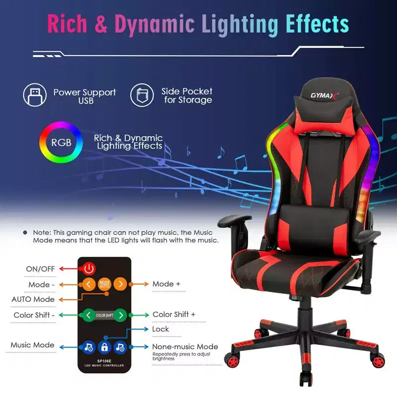 Chaise de jeu Costway pivotante réglable avec lumières LED dynamiques