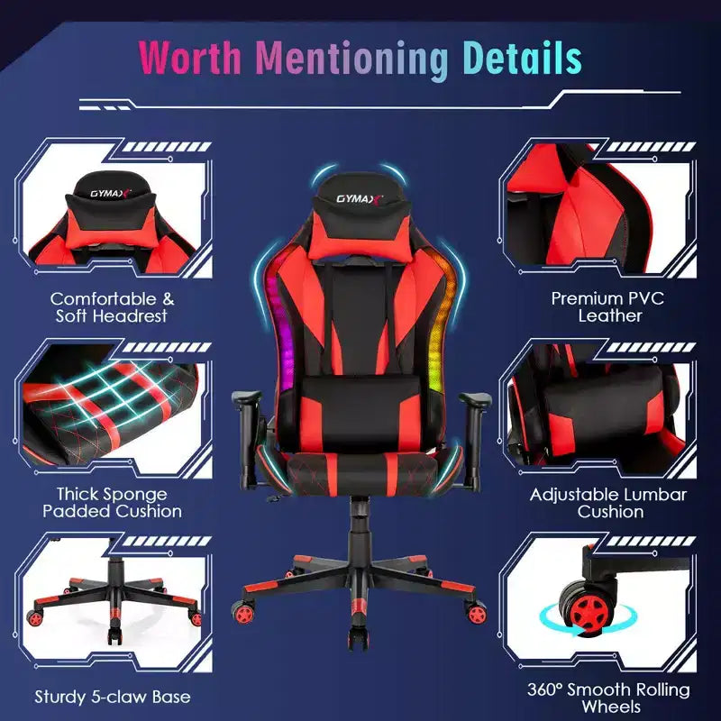 Chaise de jeu Costway pivotante réglable avec lumières LED dynamiques