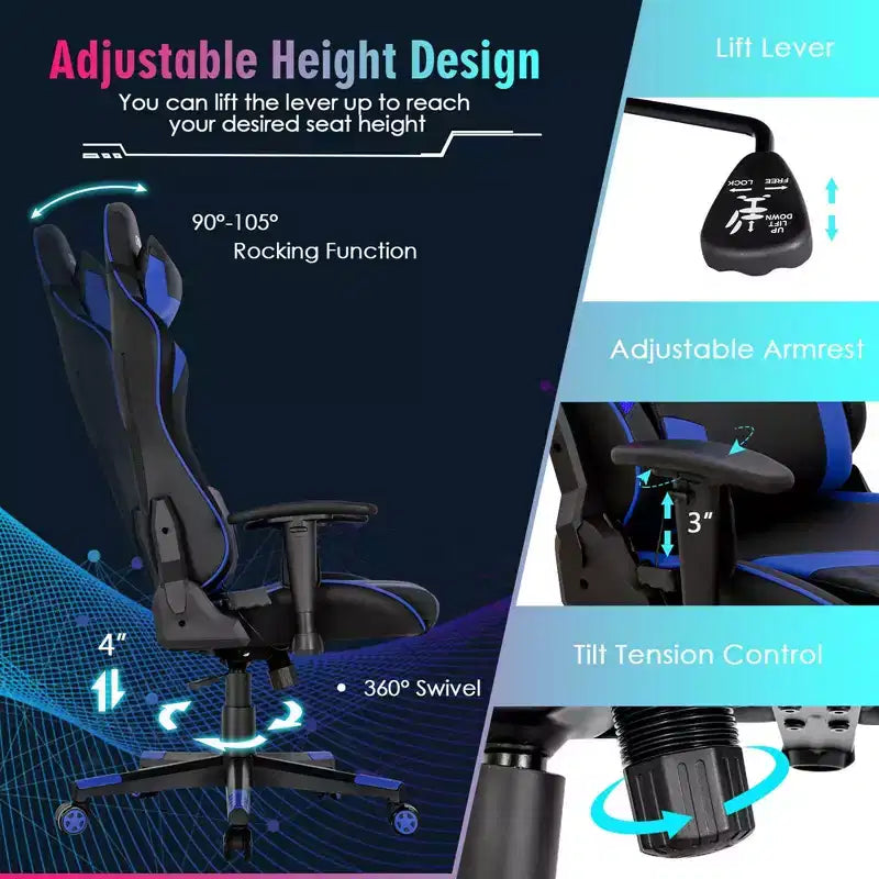Chaise de jeu Costway pivotante réglable avec lumières LED dynamiques