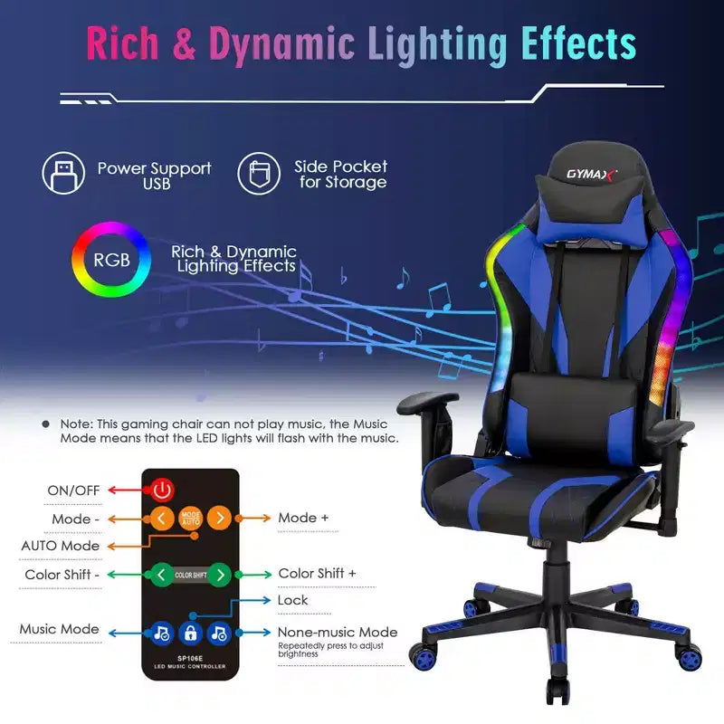 Chaise de jeu Costway pivotante réglable avec lumières LED dynamiques