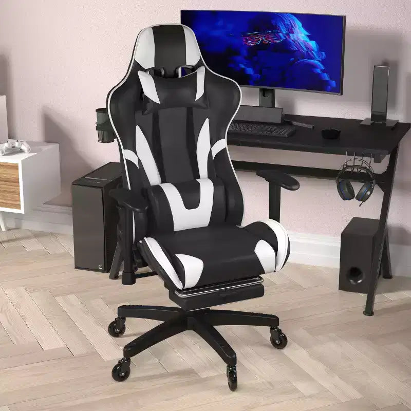 Chaise de jeu Flash Furniture X30 Chaise d'ordinateur de course avec dossier inclinable, repose-pieds coulissant et roulettes transparentes