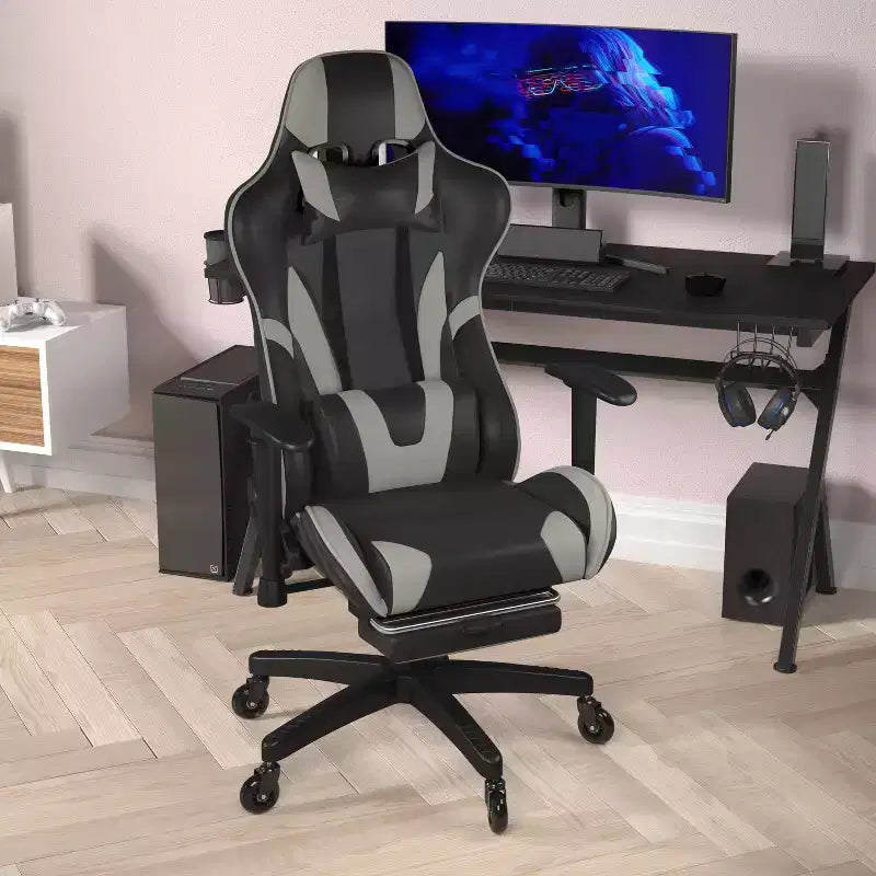Chaise de jeu Flash Furniture X30 Chaise d'ordinateur de course avec dossier inclinable, repose-pieds coulissant et roulettes transparentes