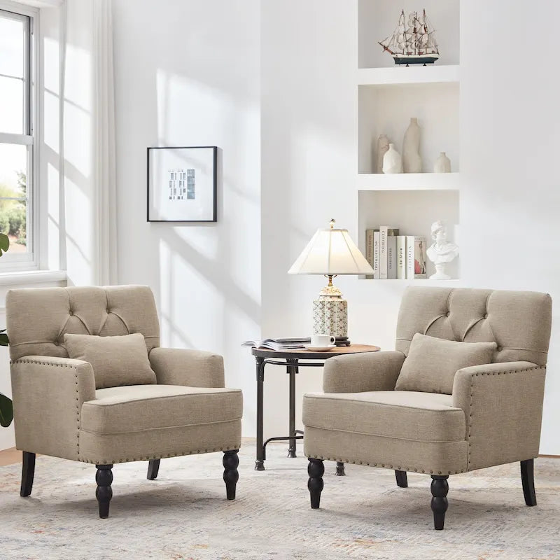 Set of 2 Arm Chair Upholstered Button Tufted Accent Chair with Lumbar Pillow Beige/ Grey/ Light Blue