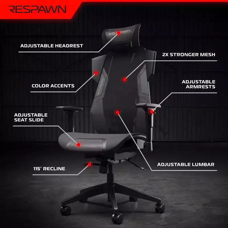 Chaise de gaming RESPAWN Flexx Mesh avec support lombaire et appui-tête réglable