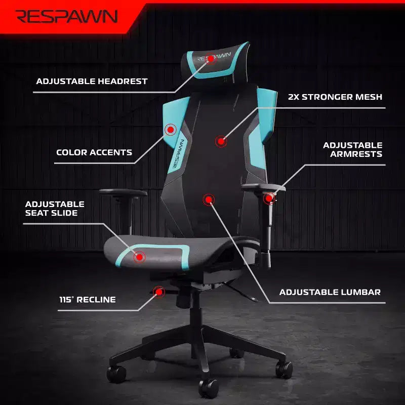 Chaise de gaming RESPAWN Flexx Mesh avec support lombaire et appui-tête réglable