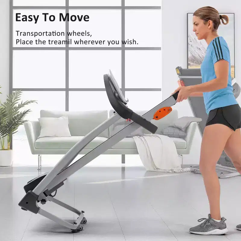 Tapis roulant pliable compact électrique réglable de 1,5 CV avec support d'équipement, capteur de pouls et 3 niveaux d'inclinaison - ModernLuxe