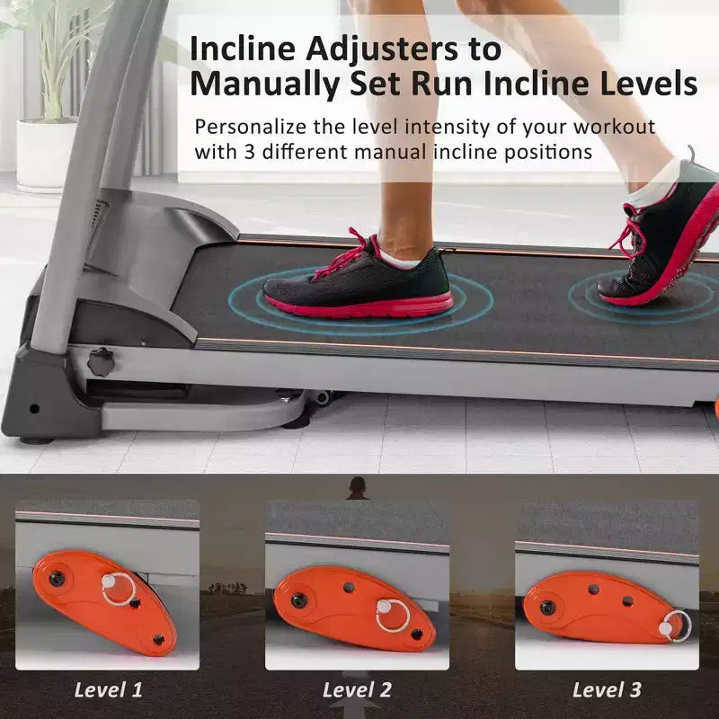 Tapis roulant pliable compact électrique réglable de 1,5 CV avec support d'équipement, capteur de pouls et 3 niveaux d'inclinaison - ModernLuxe