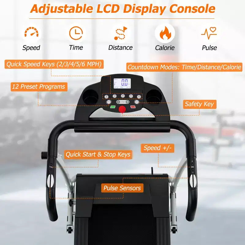 Tapis de course pliable Costway 2 CV, motorisé, 12 programmes prédéfinis et écran LCD Noir/Blanc