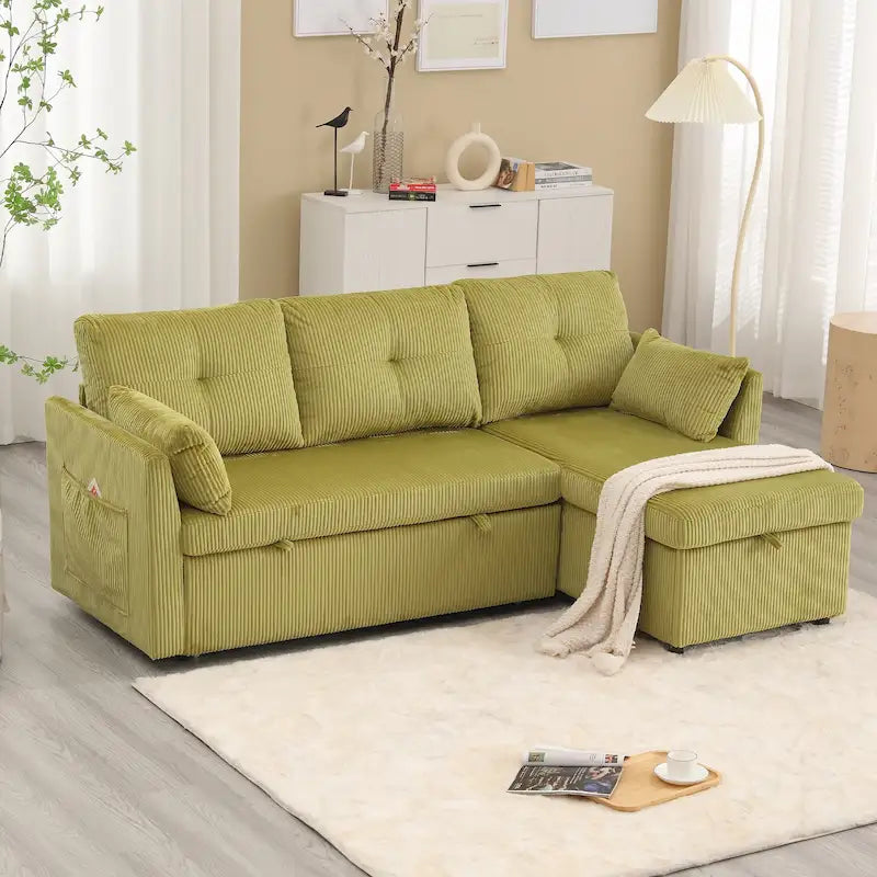 Corduroy/Chenille Upholstered L-Shaped Storage Reversible Chaise Sectional Sofa with Side Pocket