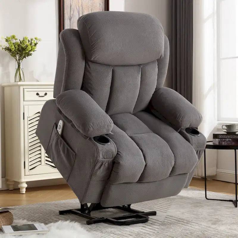 Grey Power Lift Recliner with Heated Massage, USB Charging, Remote Control, and Convenient Side Pockets for Seniors