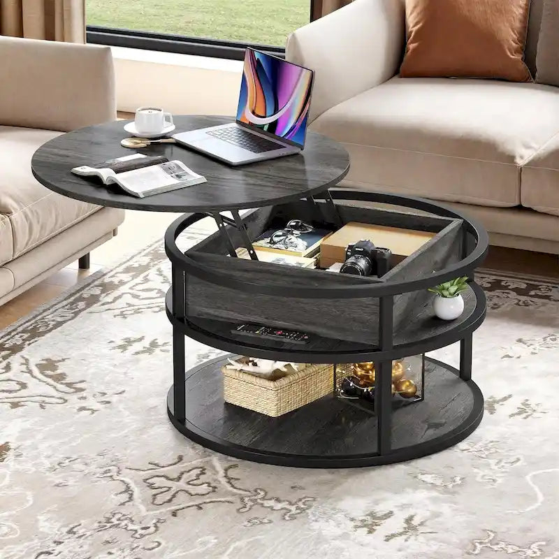 Moasis Farmhouse Lift Top Round Coffee Table with Hidden Storage and Shelf