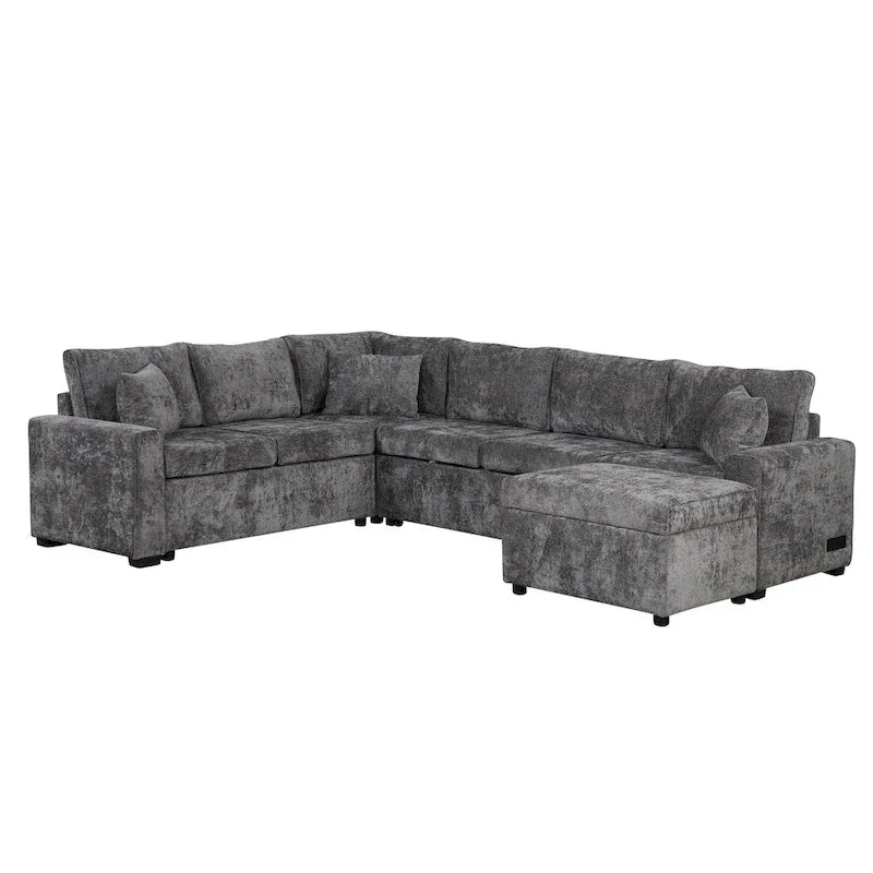 Chenille Sectional Sofa Pull-out Sofa Bed, L-Shape Sleeper Sofa with Storage Ottoman, 3 Pillows and Charging Devices