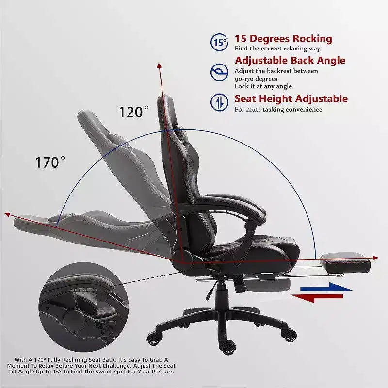 Adjustable Gaming Chair with Massage Lumbar Support and Retractable Footrest - Dowinx