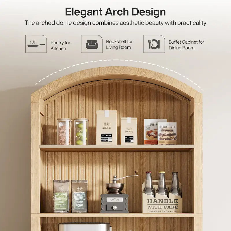 71  Tall Arched Kitchen Pantry Cabinet with Doors - Natural Wood