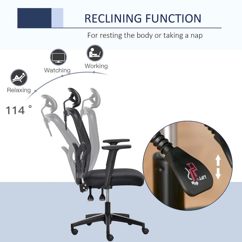 Vinsetto Mesh Home Office Chair High Back Ergonomic Computer Task Chair with Lumbar Back Support, Rotate Headrest, Adjustable