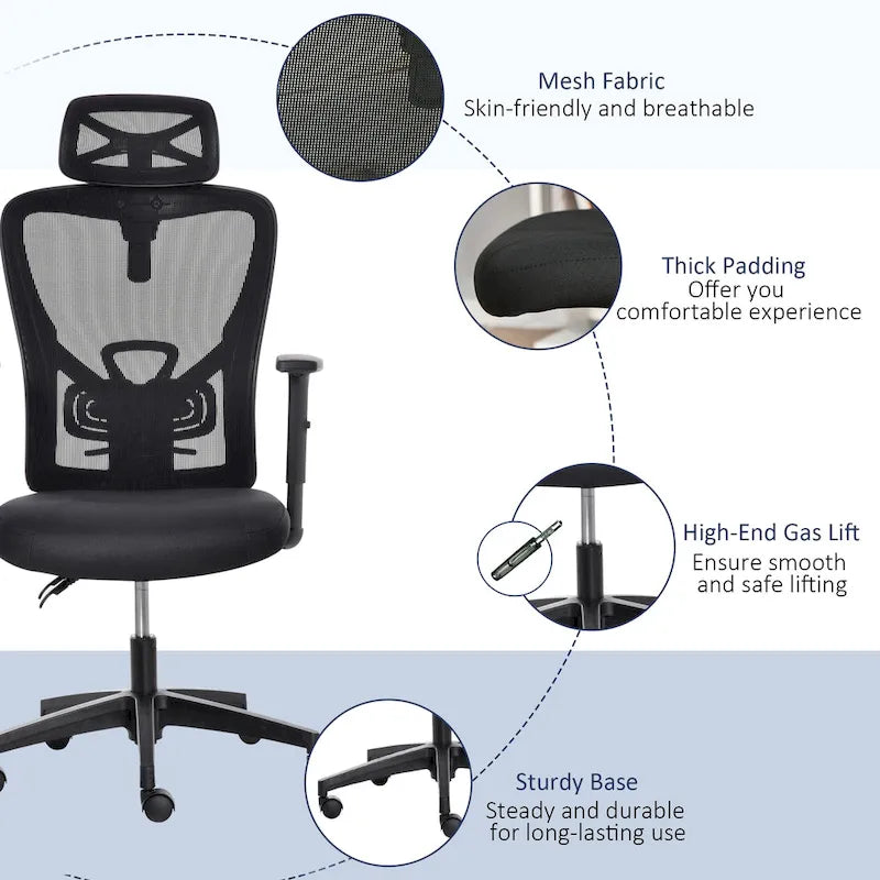 Vinsetto Mesh Home Office Chair High Back Ergonomic Computer Task Chair with Lumbar Back Support, Rotate Headrest, Adjustable