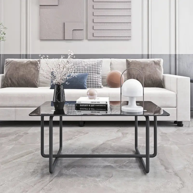 Modern Tempered Glass and Black Metal Coffee Table - 23.62 x 39.37 x 17.71
