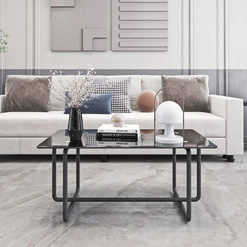 Modern Tempered Glass and Black Metal Coffee Table - 23.62 x 39.37 x 17.71