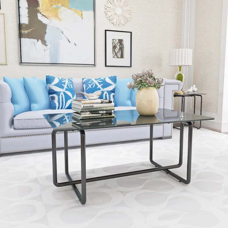 Modern Tempered Glass and Black Metal Coffee Table - 23.62 x 39.37 x 17.71