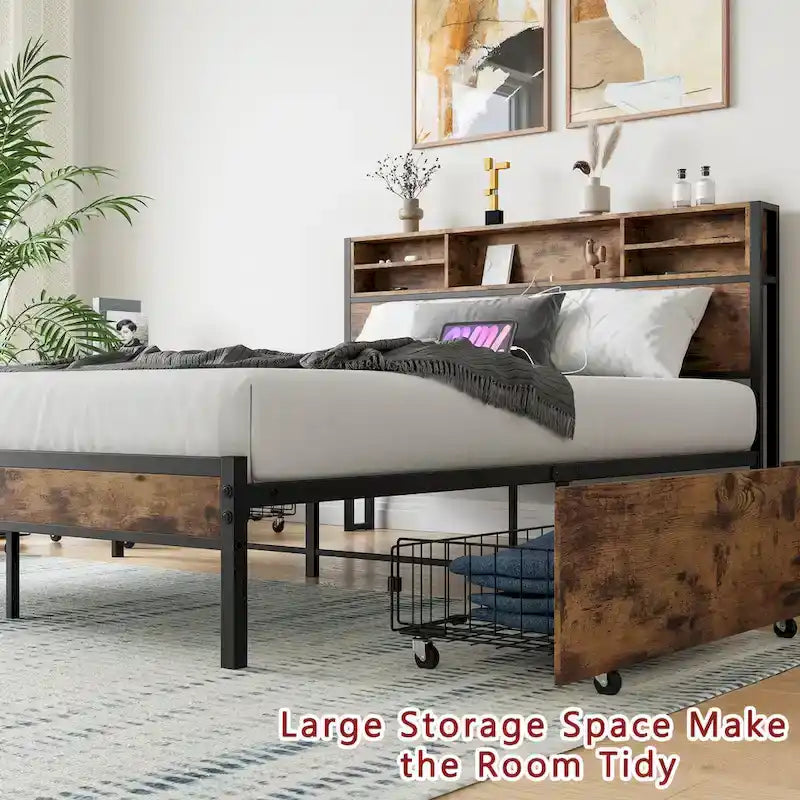 Queen Size Panel Bed with Storage Headboard Drawers
