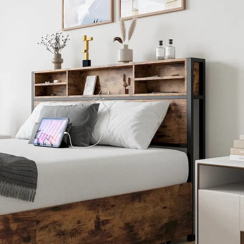 Queen Size Panel Bed with Storage Headboard Drawers