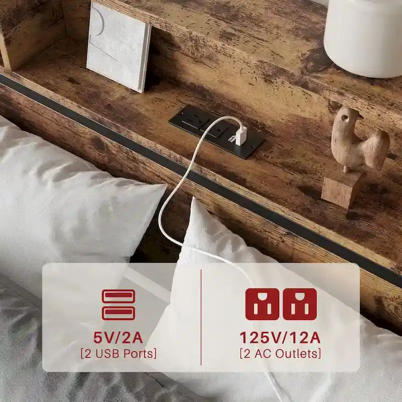 Queen Size Panel Bed with Storage Headboard Drawers