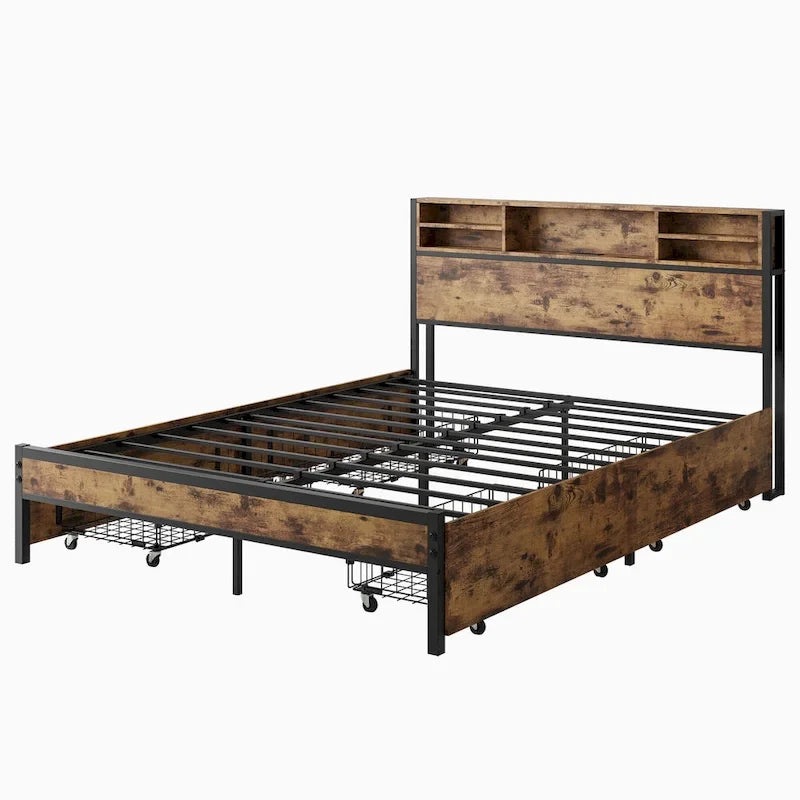 Queen Size Panel Bed with Storage Headboard Drawers