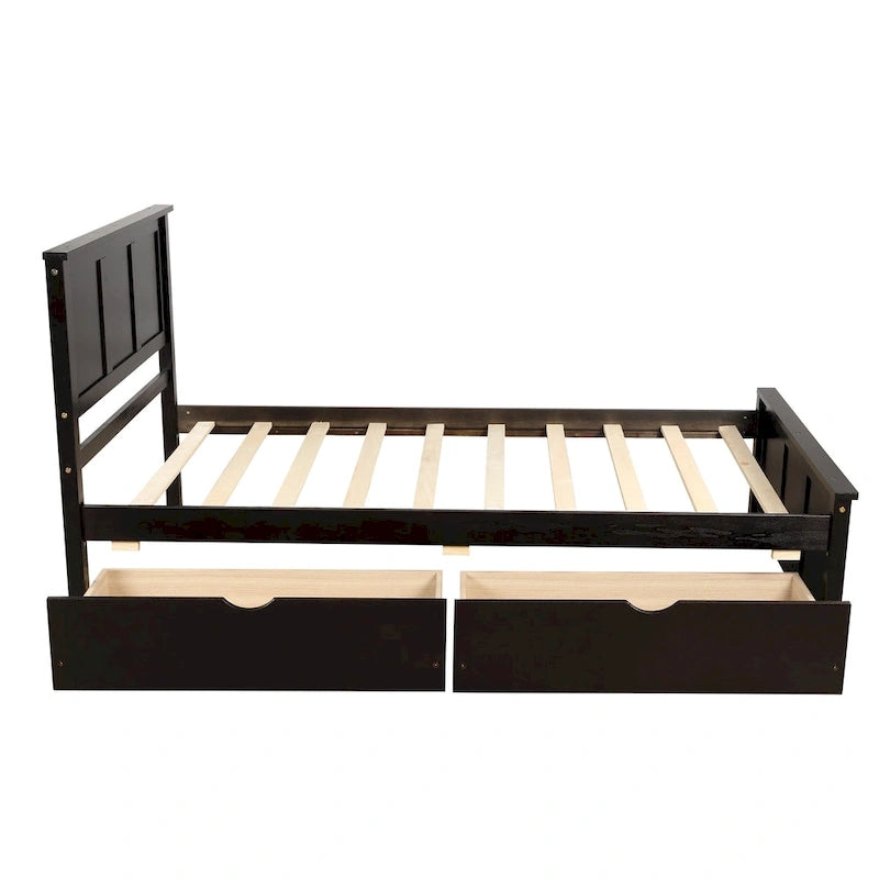Twin Size Espresso Platform Storage Bed, 2 drawers with wheels