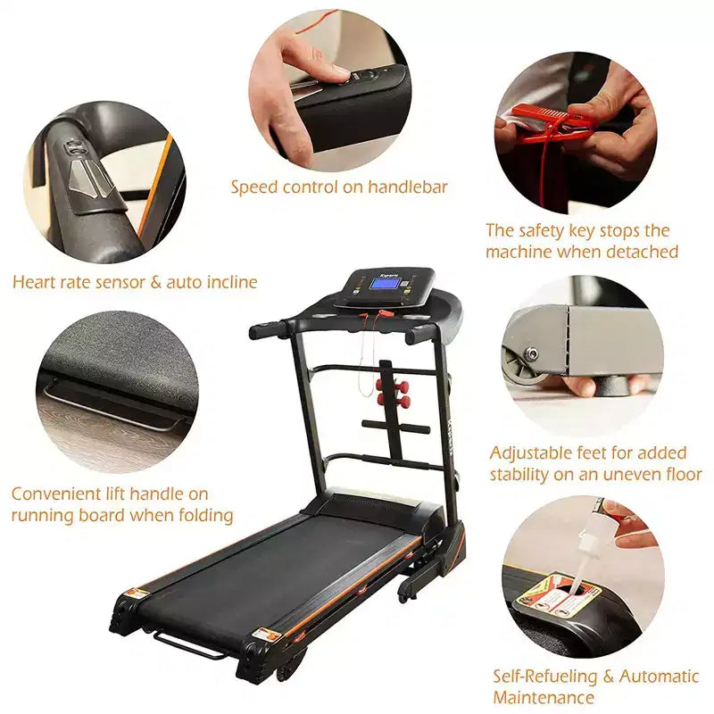 Ksports Multi-Functional Electric Treadmill Home Gym Cardio Strength Training Workout Set w/ Ab Mat, Sit-Up Strap, & Adjustable Incline