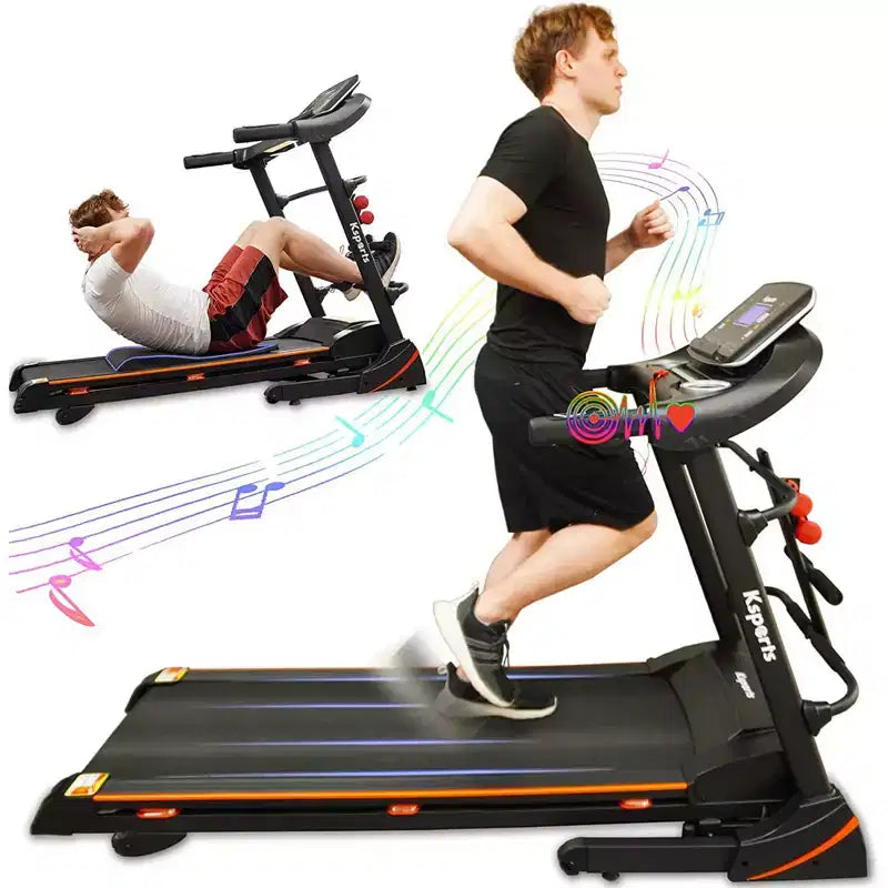 Ksports Multi-Functional Electric Treadmill Home Gym Cardio Strength Training Workout Set w/ Ab Mat, Sit-Up Strap, & Adjustable Incline