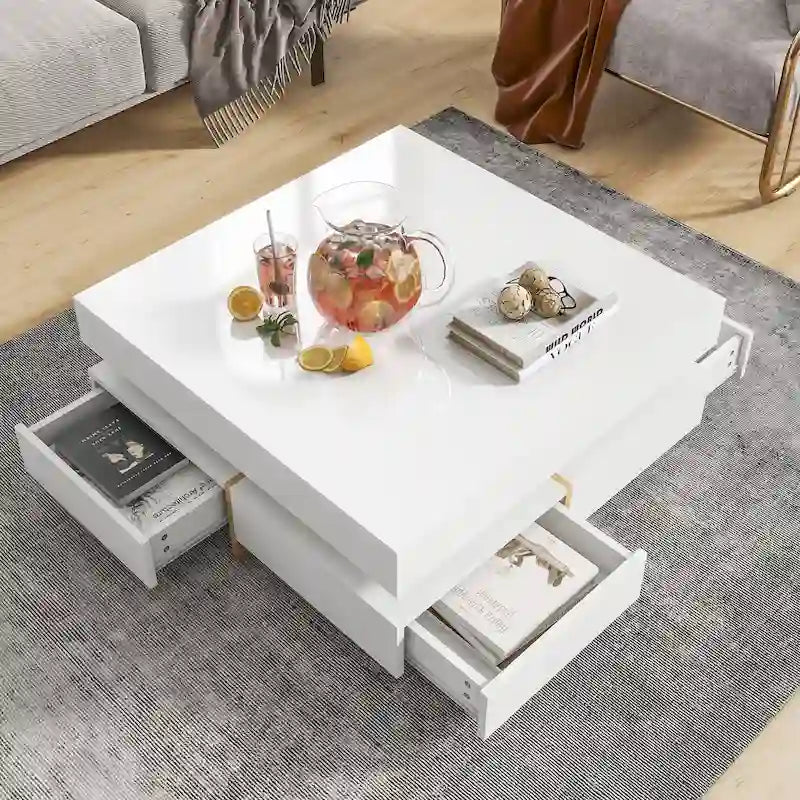 Modern High Gloss Coffee Table With 4-drawers - 31.50 x 31.50 x 13.70