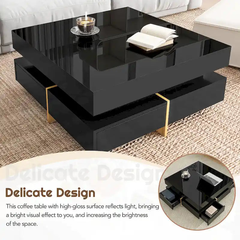 Modern High Gloss Coffee Table With 4-drawers - 31.50 x 31.50 x 13.70