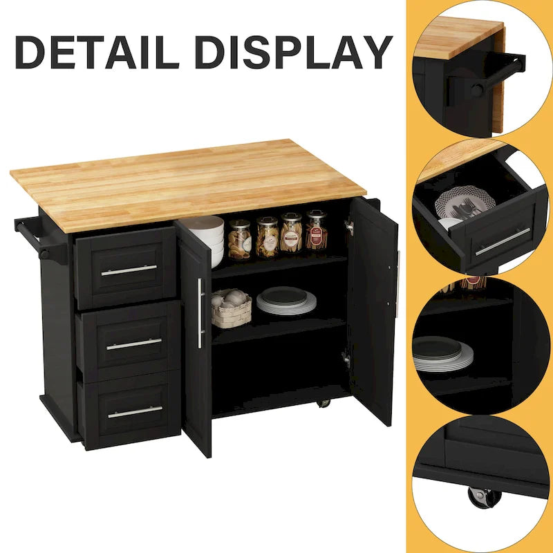 Kitchen Island Cart with Two Door Cabinet and Three Drawers