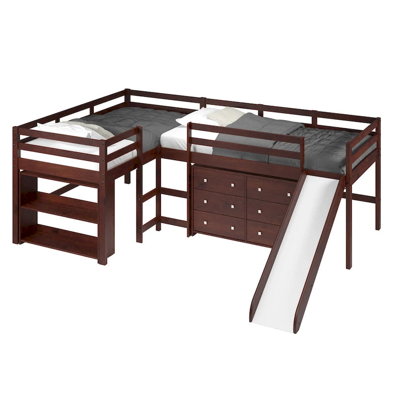 Double Twin L-Shaped Slide Loft Bedroom Set in Dark Cappuccino