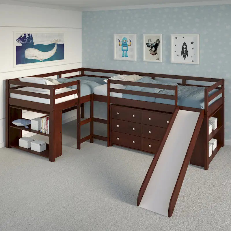 Double Twin L-Shaped Slide Loft Bedroom Set in Dark Cappuccino