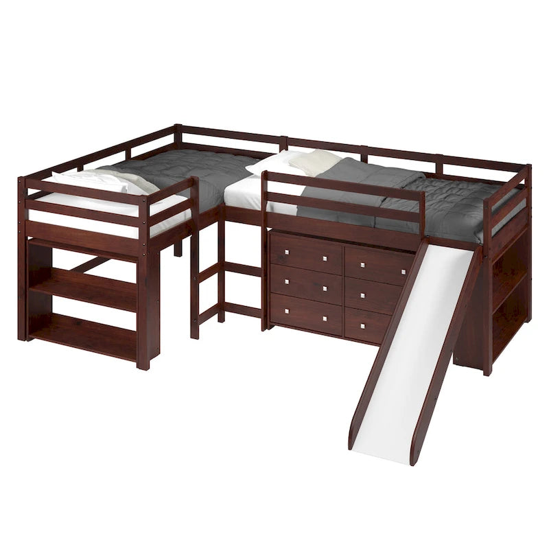 Double Twin L-Shaped Slide Loft Bedroom Set in Dark Cappuccino