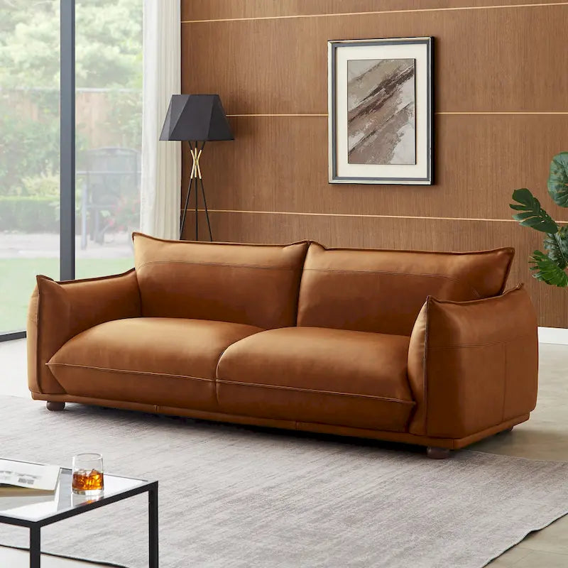 Manar Mid-Century Modern Luxury Genuine Leather Couch