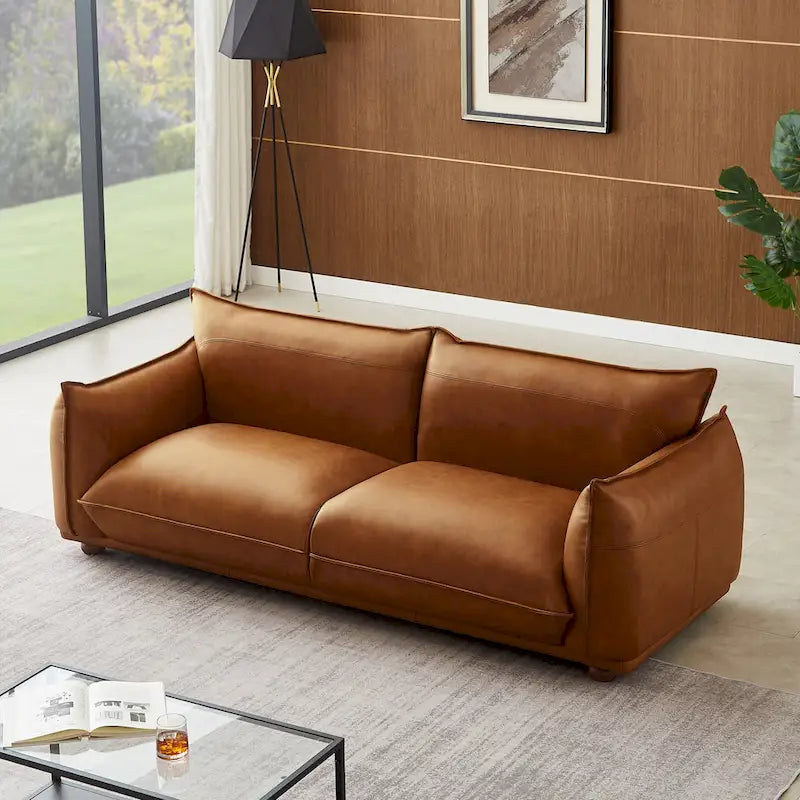 Manar Mid-Century Modern Luxury Genuine Leather Couch