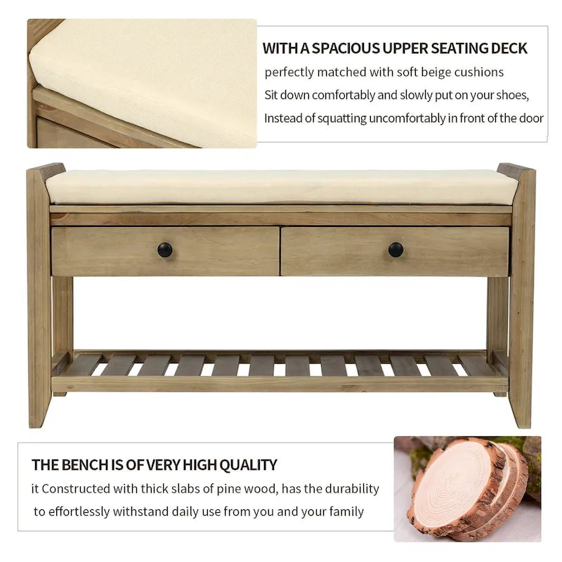 Shoe Rack with Cushioned Seat and Drawers, Multipurpose Entryway Storage Bench