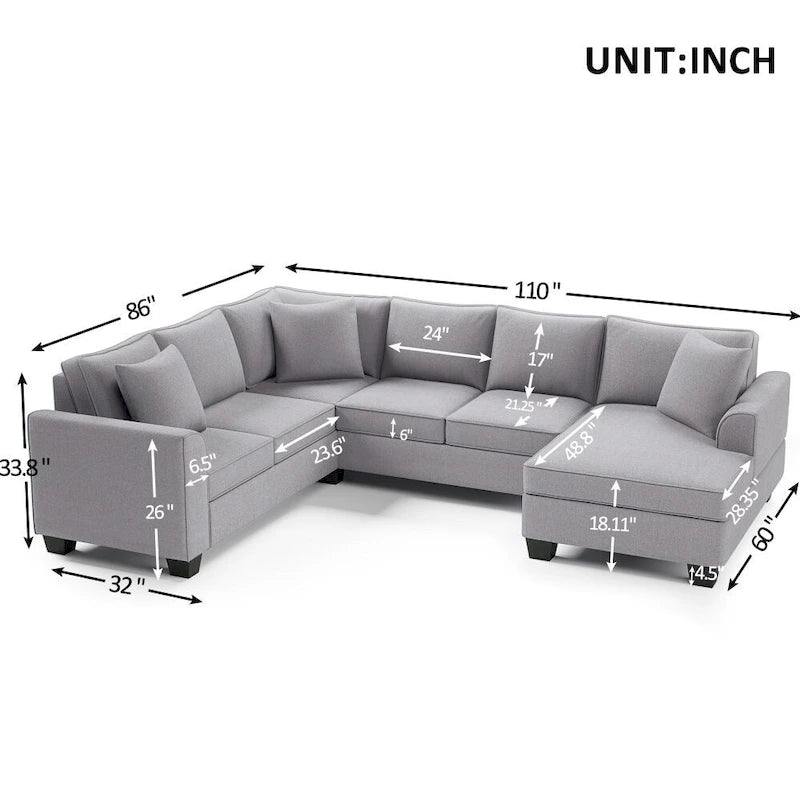 110*86 Sectional Sofa Upholstered Modern English Arm Classic U-shaped Sofa 3 Pillows Included