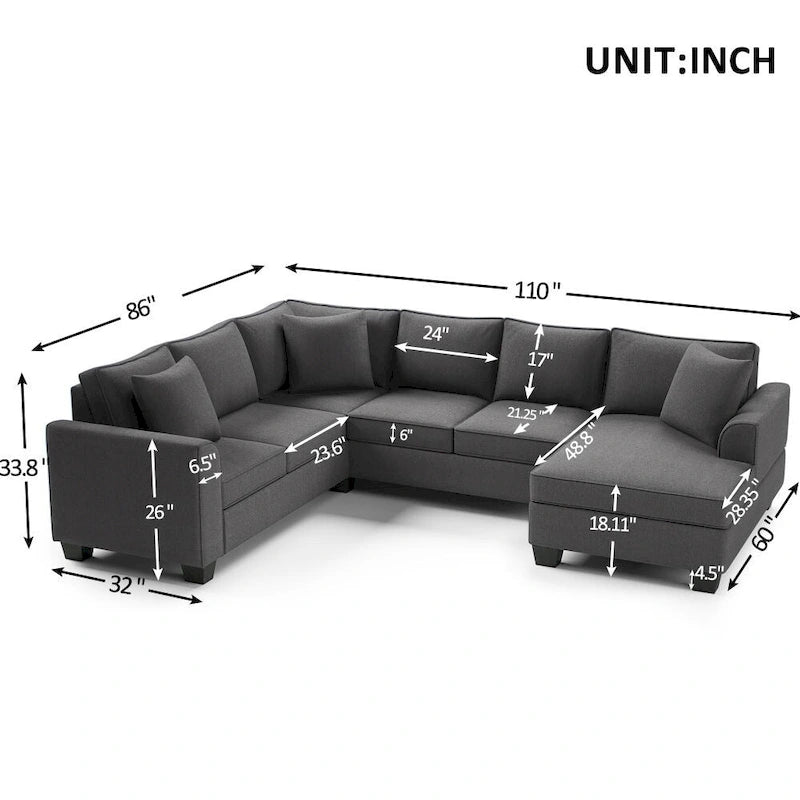110*86 Sectional Sofa Upholstered Modern English Arm Classic U-shaped Sofa 3 Pillows Included