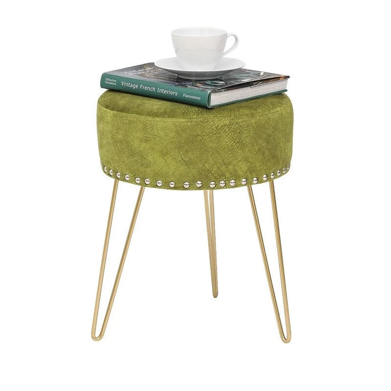 Adeco Round Footstool Ottoman Velvet Dressing Stool Gold Metal Legs