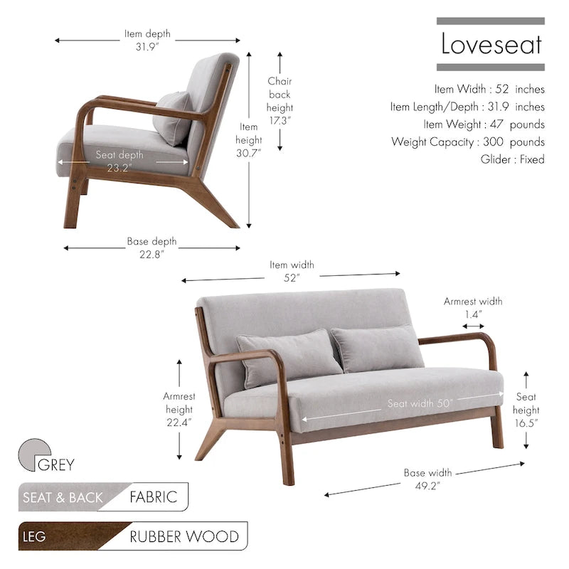 Porthos Home Juno Fabric Loveseat Small Couch Sofa with Pillows, Rubberwood Frame