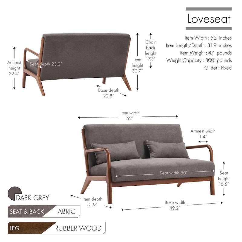 Porthos Home Juno Fabric Loveseat Small Couch Sofa with Pillows, Rubberwood Frame