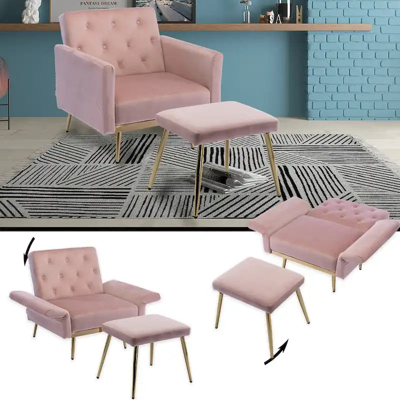 HOMEFUN Velvet Tufted Adjustable Armrests and Backrest Armchair with Ottoman