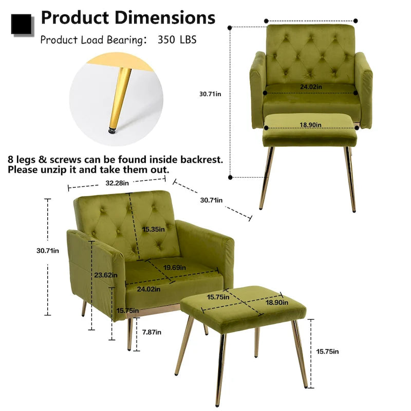 HOMEFUN Velvet Tufted Adjustable Armrests and Backrest Armchair with Ottoman